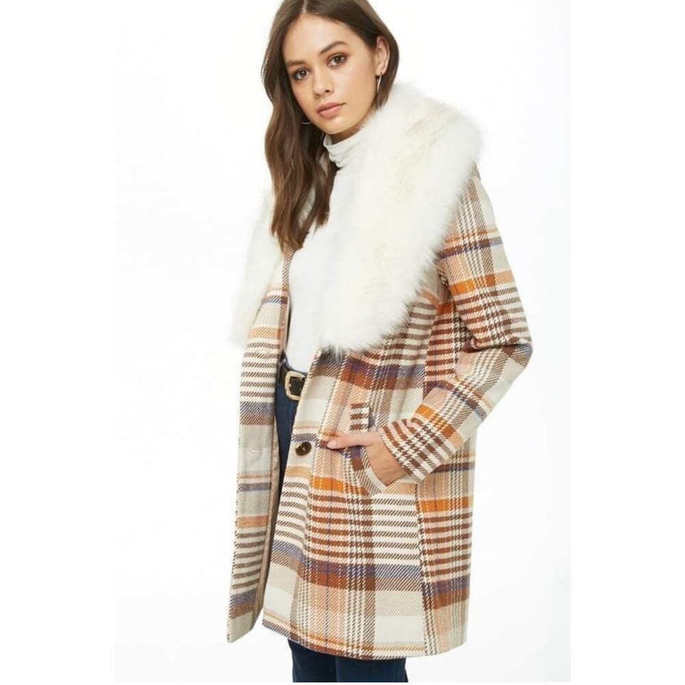 Plaid Women's Coat with Faux Fur Collar
